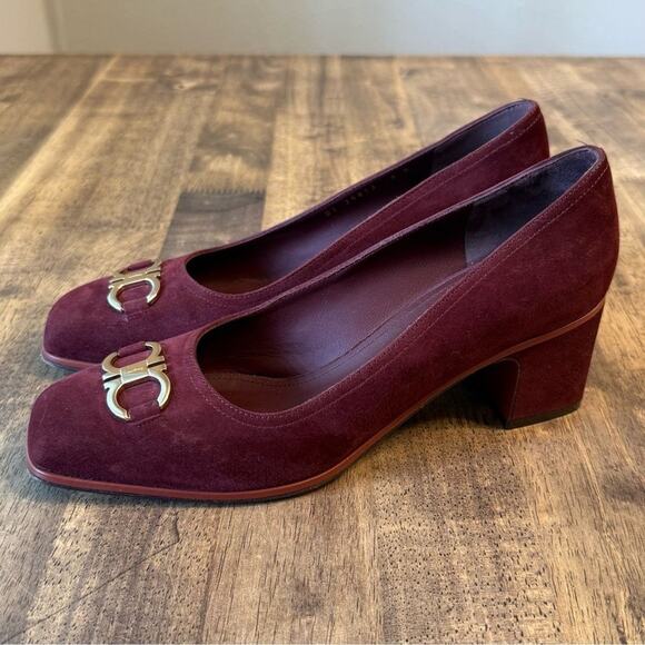 Salvatore Ferragamo Women’s Comiso Suede Leather Pump Chunky Heel Burgundy Sz 8 - Picture 6 of 13